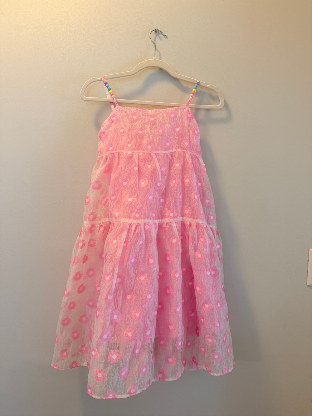 Lola + The Boys Pink Floral Tiered Dress with rainbow Beaded Straps